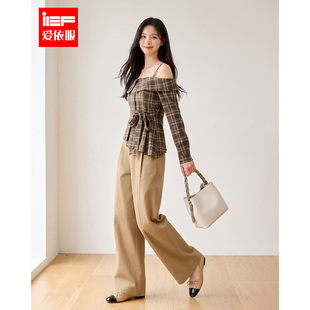 IEF/爱依服2026秋季新款美式格子露肩收腰衬衫女长袖显瘦T恤上衣