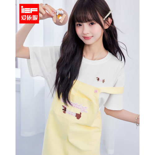 IEF/爱依服2026夏季新款短袖T恤女撞色卡通印花套装减龄显瘦穿搭