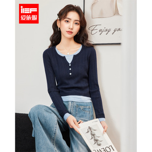 法式 新款 撞色拼接假两件设计通勤百搭毛织上衣 爱依服2025秋季 IEF