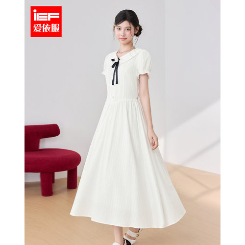 IEF/爱依服2026夏季新款法式翻领蝴蝶结连衣裙女收腰修身显瘦文艺