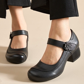 中老年女鞋 真皮中跟妈妈跳舞鞋 拉带方口女士皮鞋 粗跟玛丽珍高跟鞋