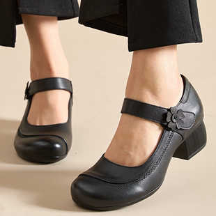 中老年女鞋拉带方口女士皮鞋粗跟玛丽珍高跟鞋真皮中跟妈妈跳舞鞋