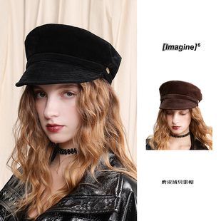 black 麂皮绒贝雷帽时髦百搭男女秋冬保暖骑士帽 imagine6