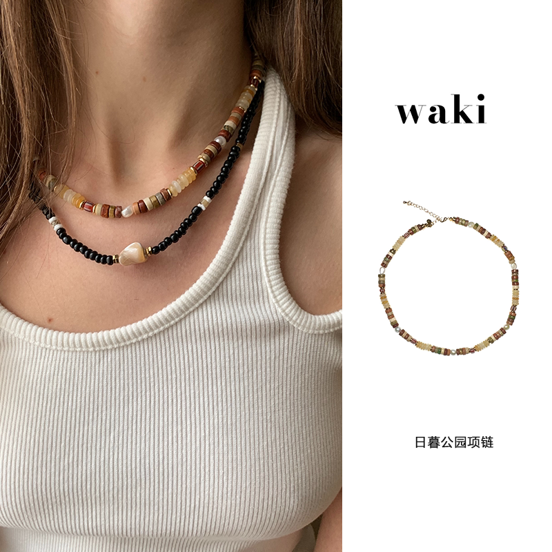 waki 日暮公园天然日落色系玉石珍珠手工串珠项链叠戴ParkatDusk