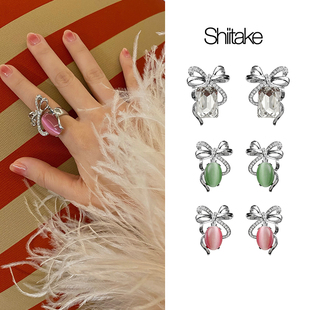 Shiitake蝴蝶结飘带闪钻耳针戒指猫眼石甜美耳夹诗塔克设计师品牌