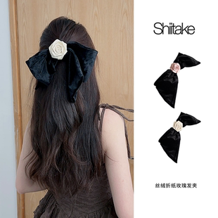 Shiitake 丝绒蝴蝶结折纸玫瑰不对称发夹原创小众甜美马尾发夹