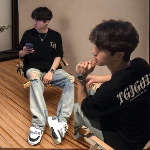 100%纯棉黑色短袖T恤男生夏季ins潮牌美式高街重磅宽松情侣上衣服