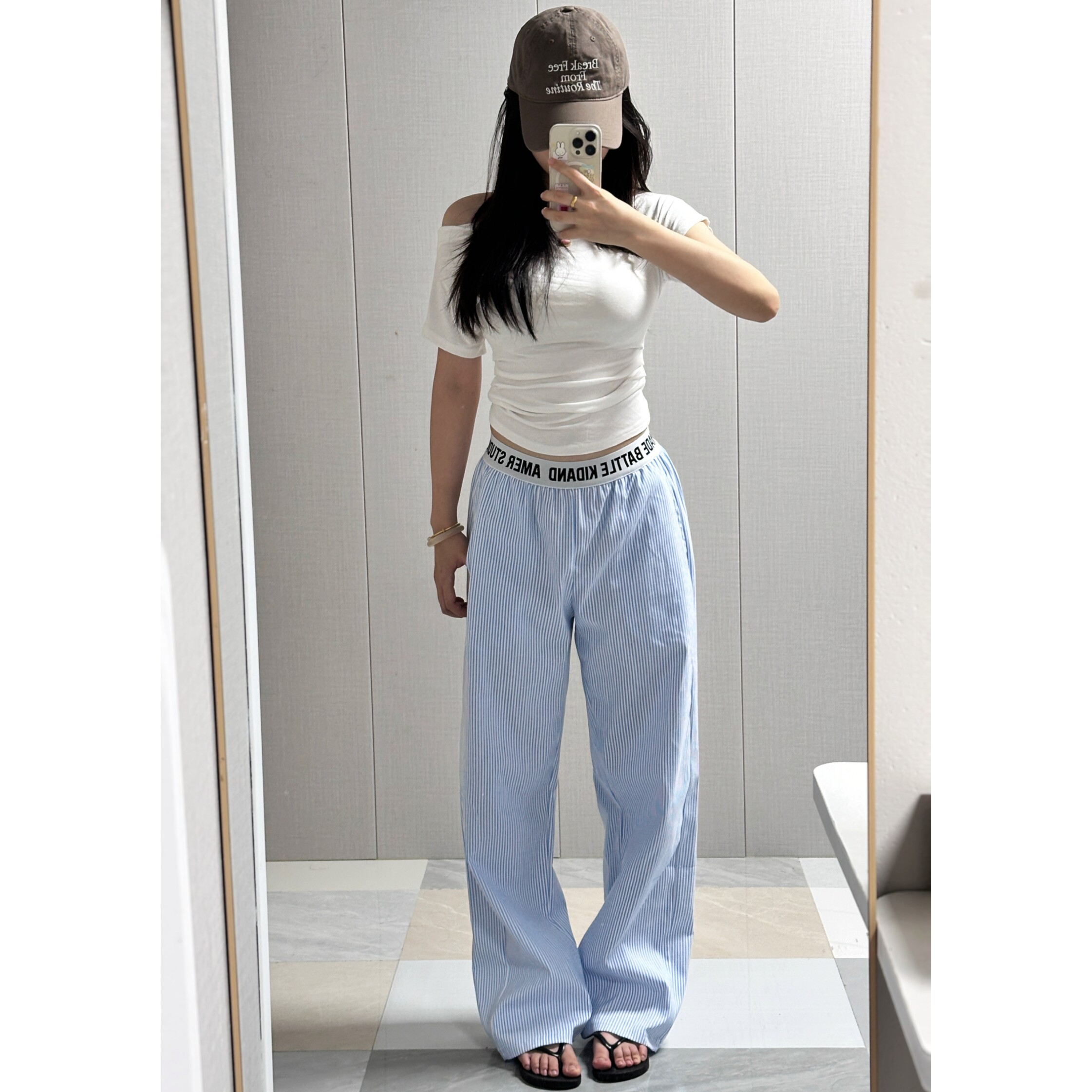 蓝色条纹复古休闲遛弯裤女夏季字母阔腿裤宽松垂感直筒拖地格子裤