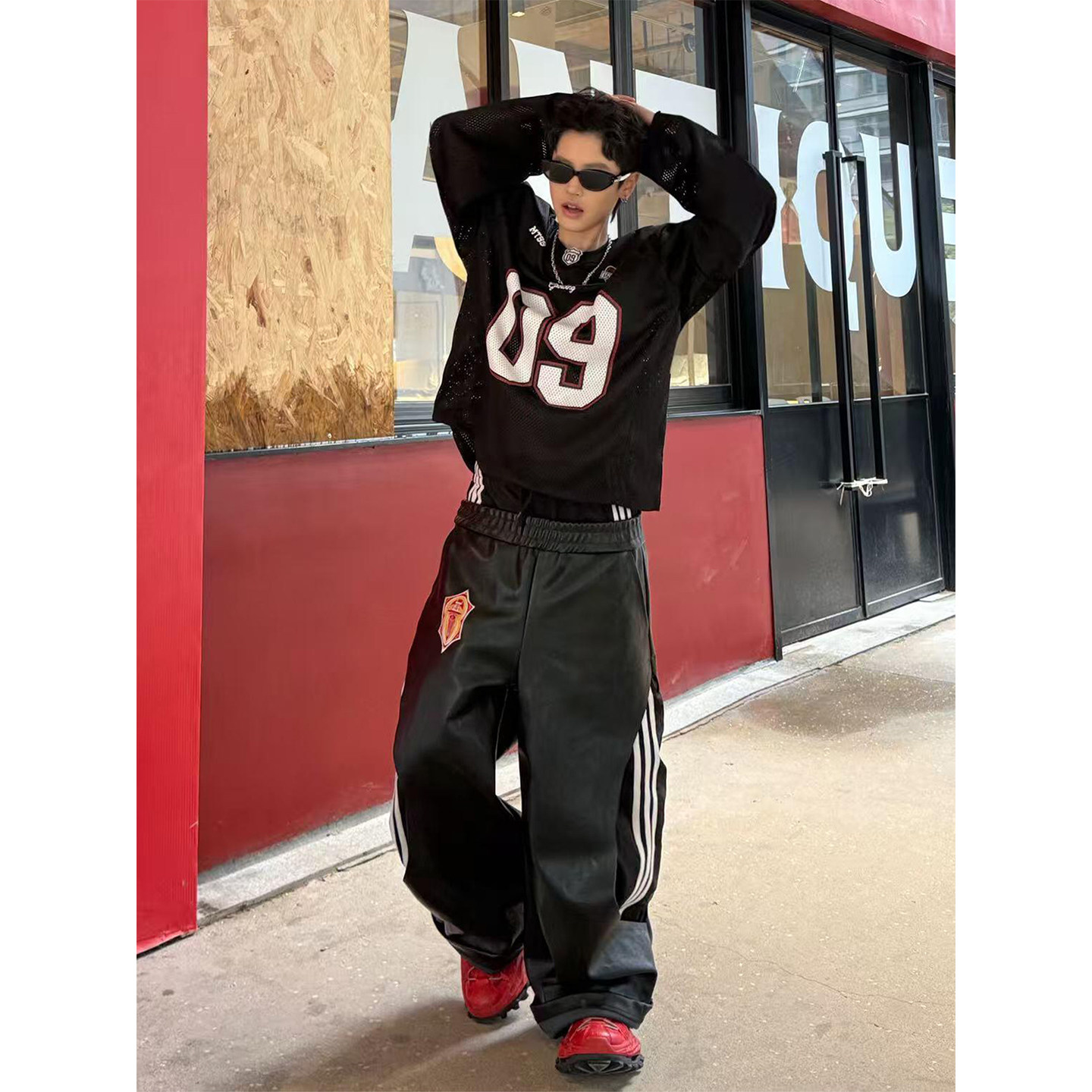 三条杠双腰头假两件拼接皮裤男女春秋新款条纹撞色美式休闲阔腿裤