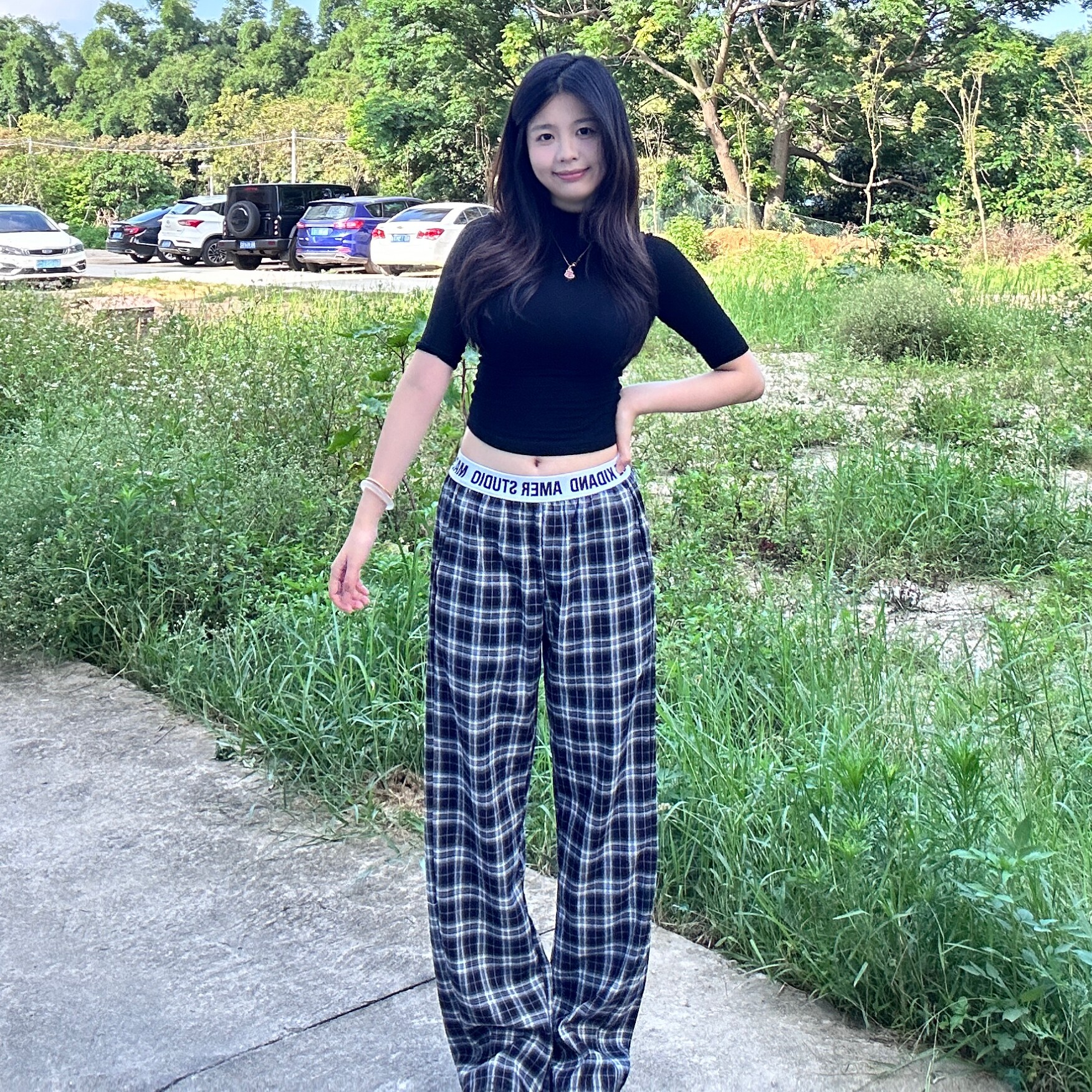 美式复古格纹休闲裤女夏季字母拼接阔腿裤宽松垂感直筒拖地格子裤