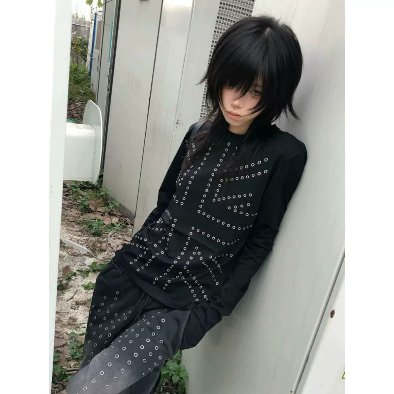 y2k亚文化黑色长袖t恤男女早秋季铆钉烫钻修身内搭打底上衣视觉系