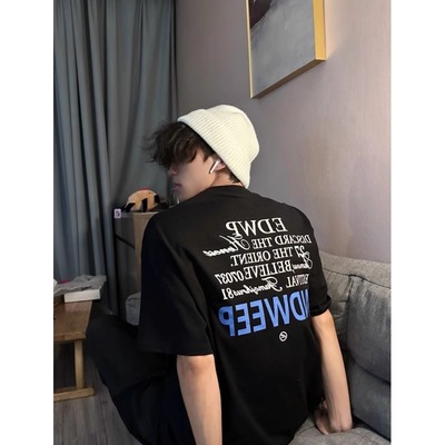 美式高街字母印花短袖T恤男夏季纯棉重磅260克潮牌学生痞帅上衣服
