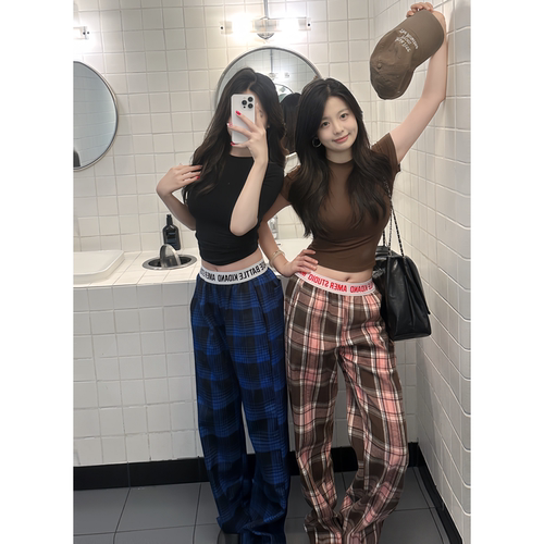 美式复古格纹休闲裤女夏季字母拼接阔腿裤宽松垂感直筒拖地格子裤
