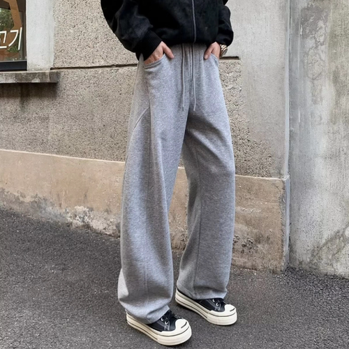 秋冬季加绒加厚新款休闲裤子宽松百搭直筒运动裤弯刀垂感灰色卫裤