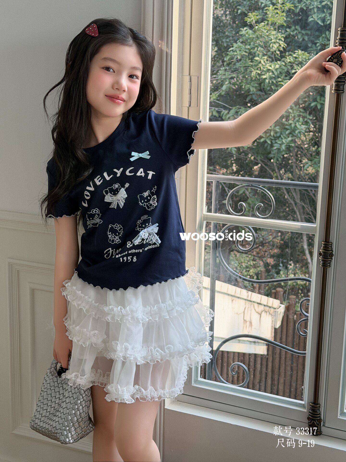 韩国品牌童装wooso26春夏款新女童洋气百搭蕾丝花边半身裙kt短袖T