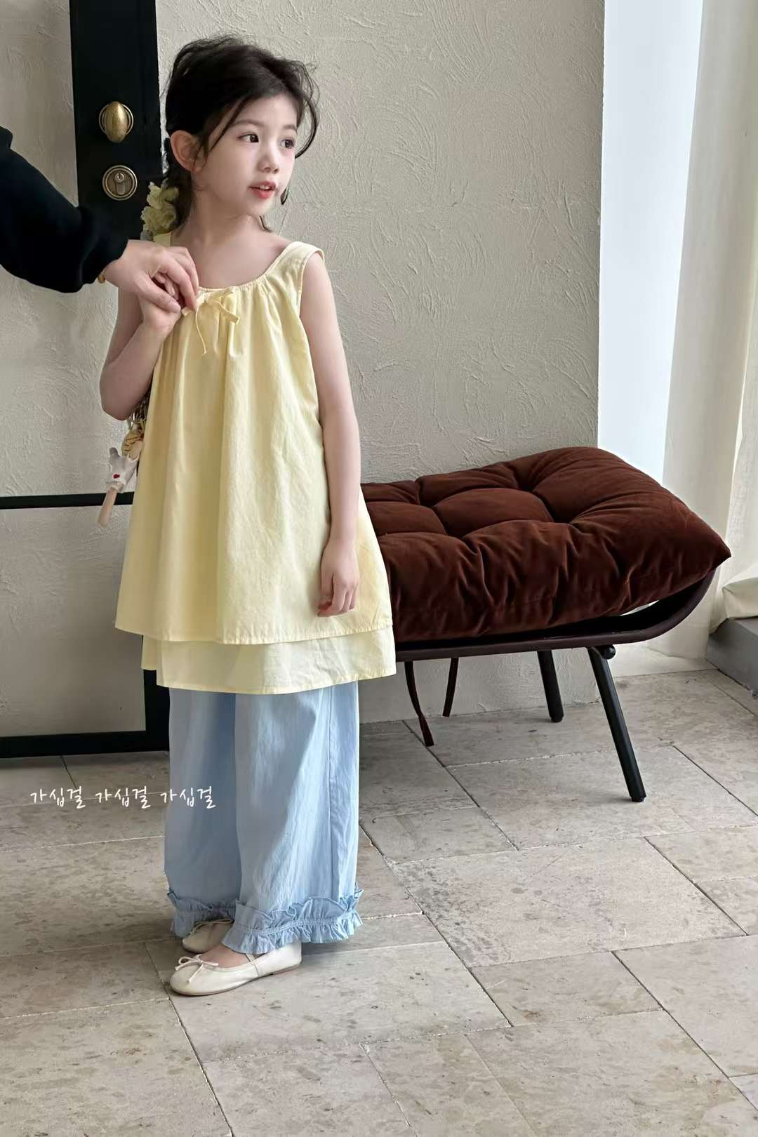 韩国品牌童装豆子豆瓣正品25夏女童无袖娃娃衫上衣洋气木耳边长裤