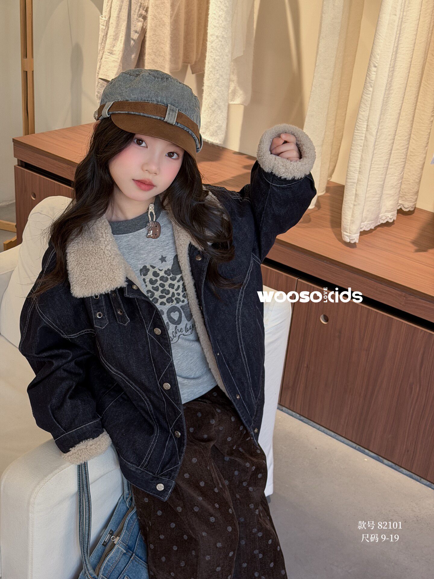韩国童装woos26冬新女童洋气翻领牛仔外套宽松加绒羊羔毛保暖棉服