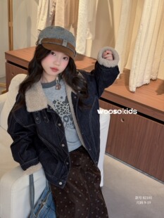 韩国童装woos26冬新女童洋气翻领牛仔外套宽松加绒羊羔毛保暖棉服