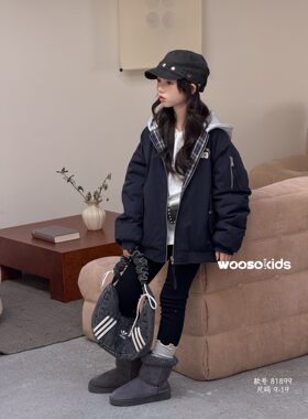 韩国童装wooso26冬新女童洋气格子拼连帽棉服宽松两面穿棒球外套
