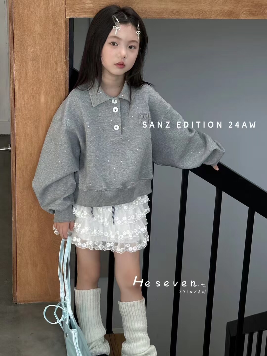 韩国品牌童装叁作女童卫衣24秋款洋气miu系烫钻polo衫儿童上衣潮