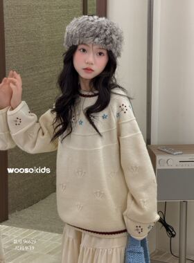 韩国童装woos26冬新女童洋气圆领毛衣宽松百搭刺绣针织衫套头衫潮