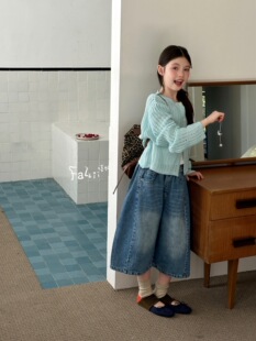 百搭牛仔裤 韩国品牌童装 法吱26春款 新女童洋气针织衫 潮 七分阔腿裤