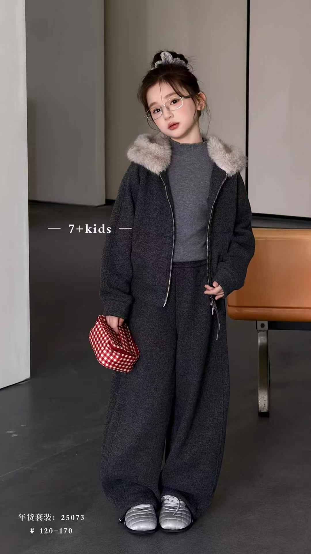 韩国品牌童装7+25冬款新女童洋气百搭年款连帽加绒毛领休闲裤套装
