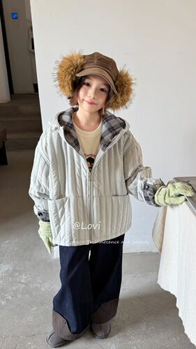 韩国童装品牌Lovi26冬新女童洋气拼接格子连帽外套宽松拉链棉服潮