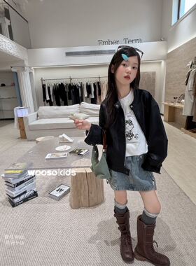 韩国童装wooso品牌2026秋新女童洋气翻领皮衣外套酷飒机车夹克潮