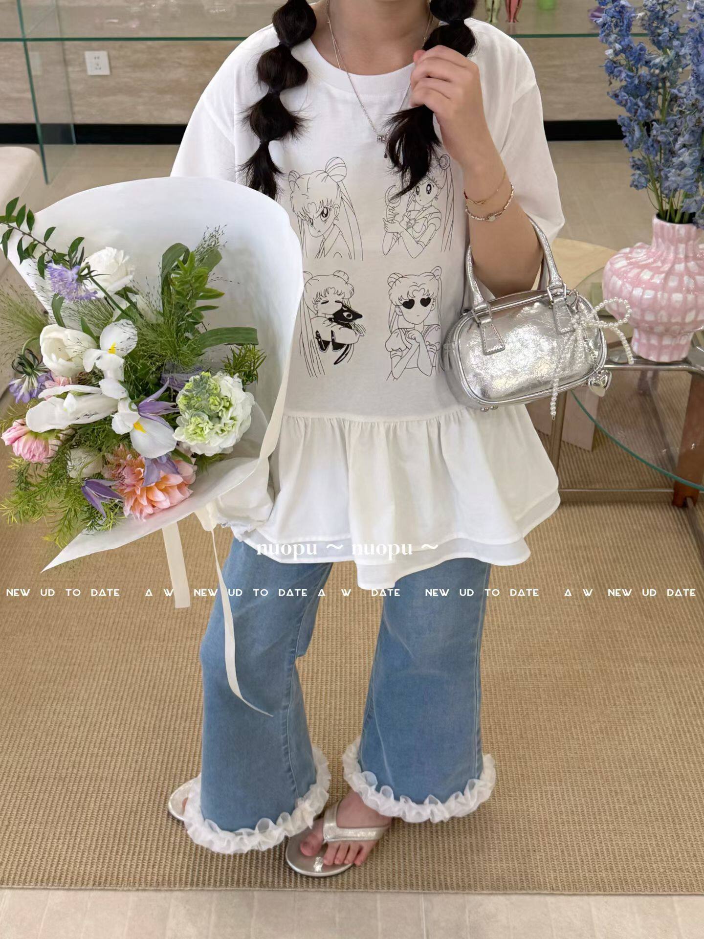 韩国品牌童装LOP26春夏款新女童洋气百搭卡通印花T恤花边牛仔裤潮