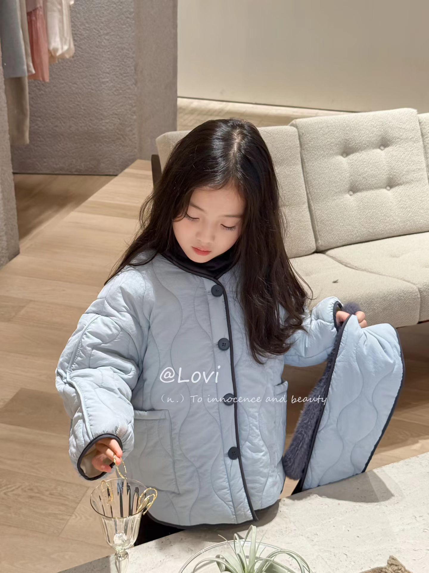 韩国品牌童装Lovi25冬款新女童洋气绗棉棉服外套百搭围巾款外套潮