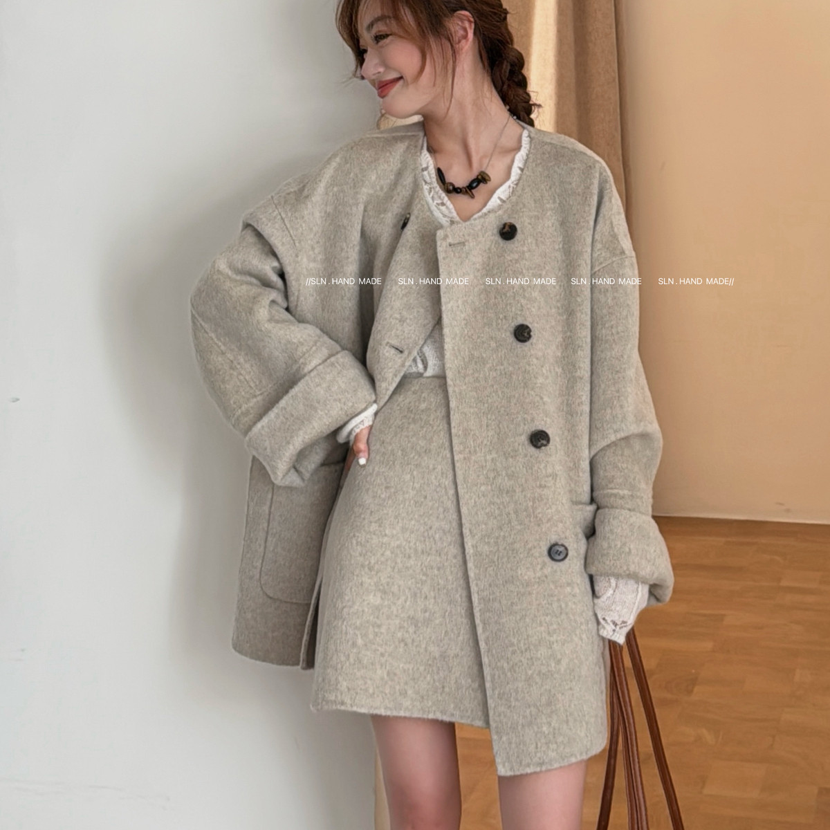 SLN-羊绒套装韩系圆领羊毛外套+气质半身裙套装,女装/女士精品,时尚套装,淘宝优惠券,粉丝福利购,淘宝优惠卷