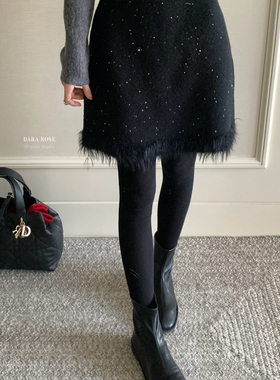 DARA ROSE-高级感黑色亮片兔毛设计款半身裙