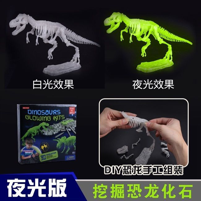 考古挖掘发光恐龙化石夜光霸王龙仿真拼装恐龙骨架模型儿童玩具