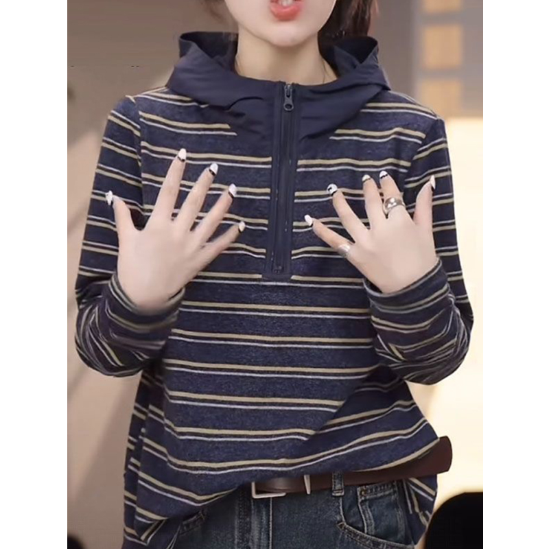 秋冬条纹德绒保暖连帽长袖卫衣女