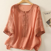 高级感休闲T恤小衫 短袖 上衣 新款 文艺复古棉麻多巴胺穿搭今年夏季