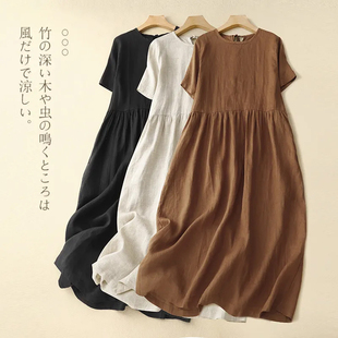 新款 连衣裙棉麻纯色简约风女圆领显瘦夏季 文艺复古裙子 短袖 中长款