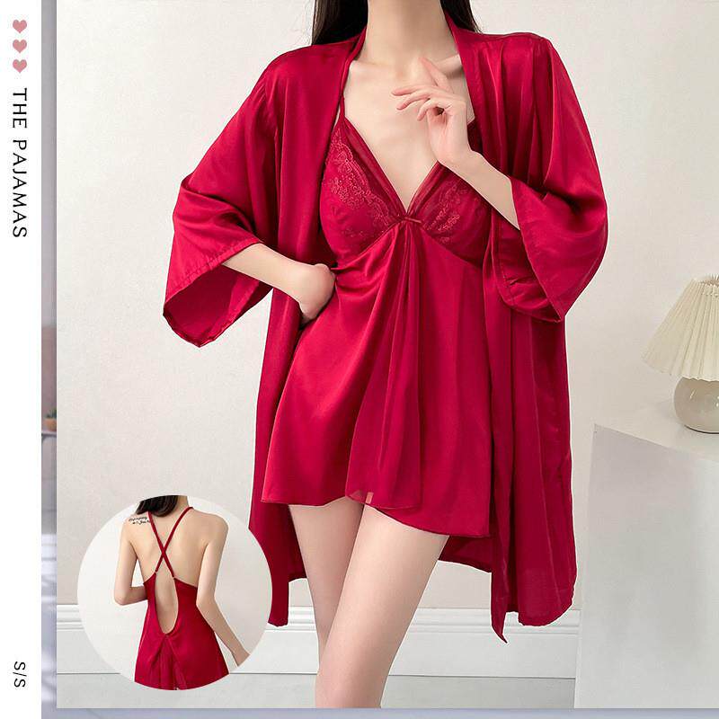 透气纯欲深V女士吊带裙睡袍两件套 轻薄舒适夏日清凉休闲居家服