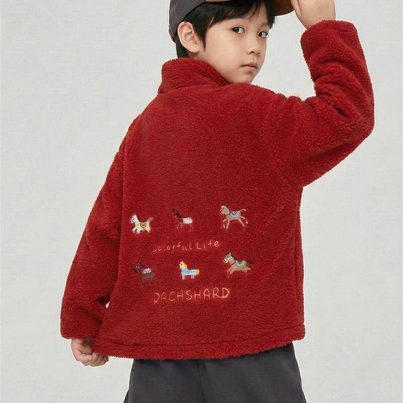 男童毛毛衣外套2025冬季新款洋气休闲新年喜庆加绒加厚小马年服潮