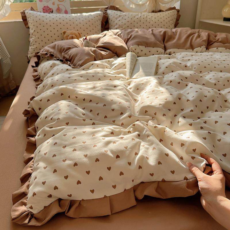 复古奶咖双层纱花边四件套学生宿舍床单被套单人亲肤床笠款三件套,床上用品,床品套件/四件套/多件套,淘宝优惠券,粉丝福利购,淘宝优惠卷