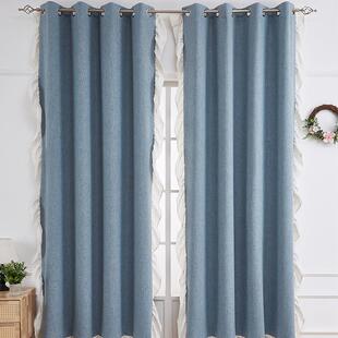 雾霾蓝荷叶边客厅打孔门帘隔断帘厨房遮挡新款窗帘杆整套遮光卧室