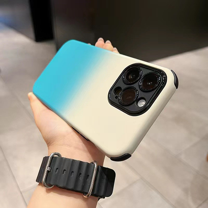 双层加厚白蓝渐变硬壳适用iPhone16pro全包镜头15苹果14promax防摔手机壳13/12pro拼接撞色二合一17pro高出屏