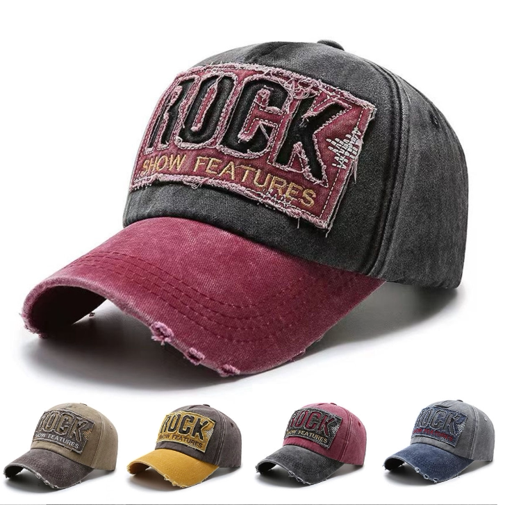 批发刺绣rock水洗纯棉棒球帽男拼接棒球帽速卖通韩版鸭舌帽女士