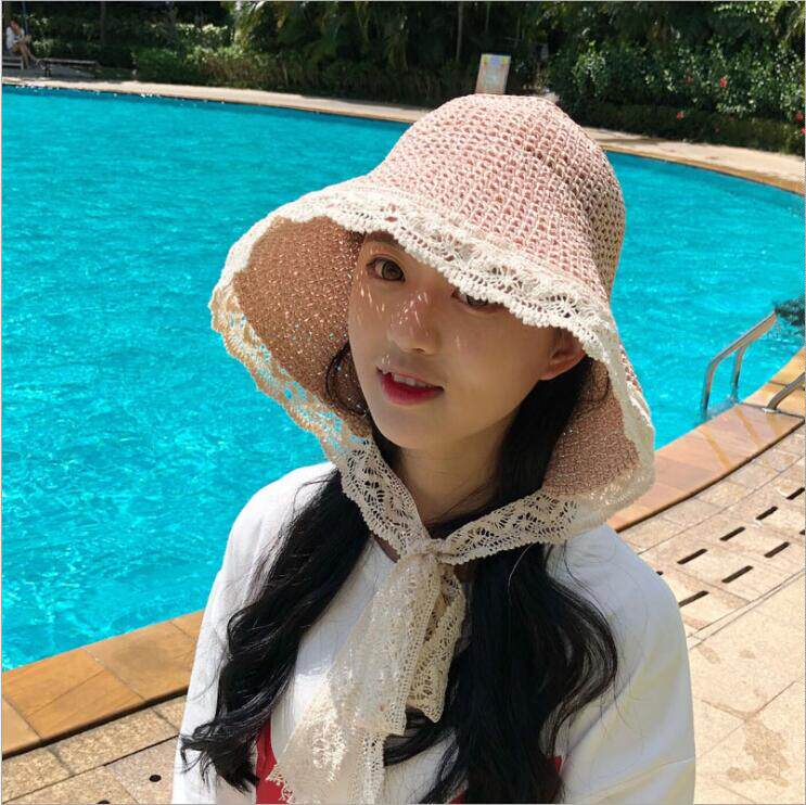 草帽女夏蕾丝边2018夏季新款出游系带日系绑带甜美遮阳大檐渔夫帽