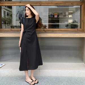 杏色韩版简约休闲松弛感连衣裙女2025夏季新款设计款收腰T恤长裙图片