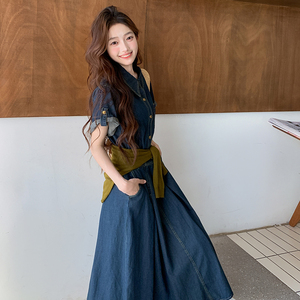 法式复古牛仔蓝衬衫连衣裙女2025夏季新款减龄独特漂亮显瘦长裙图片
