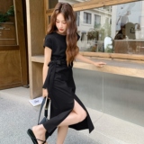 黑色简单大方连衣裙女2025夏季新款法式高级感气质显瘦赫本风长裙，女装连衣裙，2C295