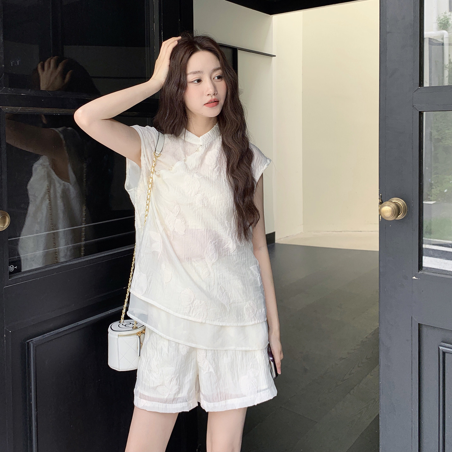 新款！夏改良版宽松新中式刺绣短裤J＋上衣套装7758P135K198，女装套装/套裙，2C295