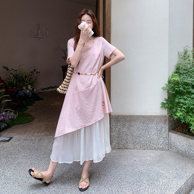 法式粉色假两件薄纱拼接连衣裙女夏2025新款绝美裙子流行爆款漂亮,女装连衣裙,2C295
