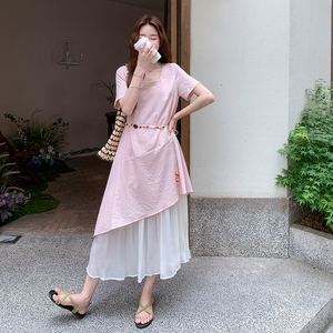 法式粉色假两件薄纱拼接连衣裙女夏2025新款绝美裙子流行爆款漂亮图片